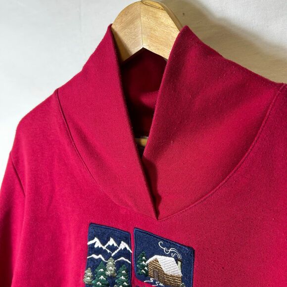 Vintage Breckenridge Deep Red Winter Cabin Scene Shawl Collar LS Sweatshirt XL - Picture 4 of 13